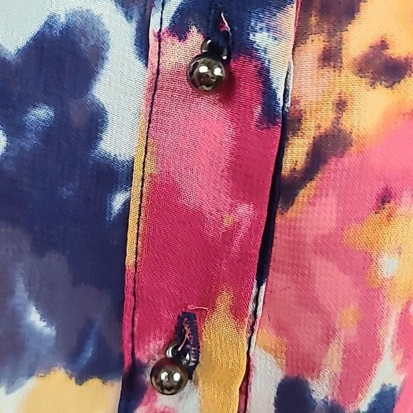 Liz Claiborne Petites Colorful Top Watercolor Chiffon Split Neck Henley Blouse - Picture 5 of 9